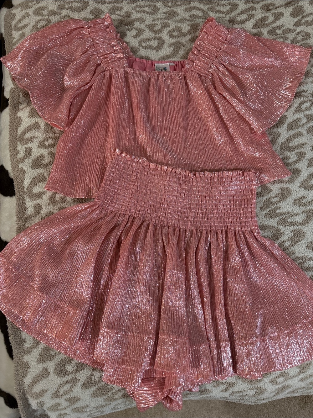 QUEEN OF SPARKLES Metallic Rose champagne  Pink Two-Piece Skirt Set